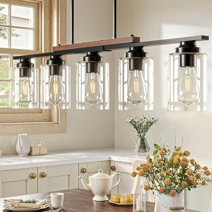 VONLUCE Dining Room Light Fixture Over Table, 5-Light Kitchen Island Lighting with Glass Shade and Adjustable Rods, Farmhouse Linear Chandelier Pendant Light for Kitchen Living Room, Matte Black