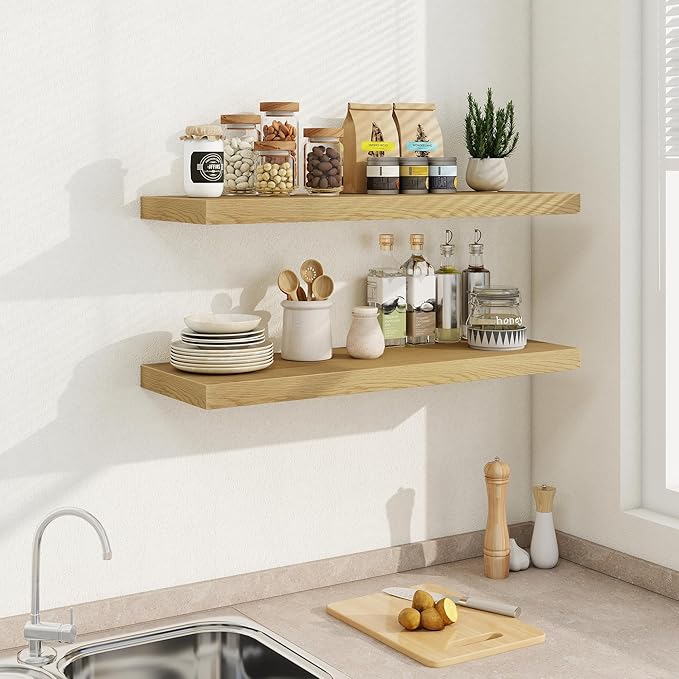 36"W x 9.3"D Floating Shelves for Wall, Wall Mounted Bathroom Shelves 2 Pack Deep Floating Shelf for Bedroom Kitchen Living Room, Rustic Wooden Wall Shelf with Invisible Bracket for Books Decor
