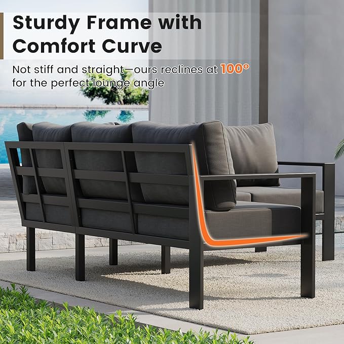 UDPATIO 6 Piece Patio Furniture Set, Metal Outdoor Sectional Sofa with 6" Thick Olefin Cushions, Wide Armrest & Coffee Table, L Shaped Outdoor Furniture for Garden, Backyard Dark Grey