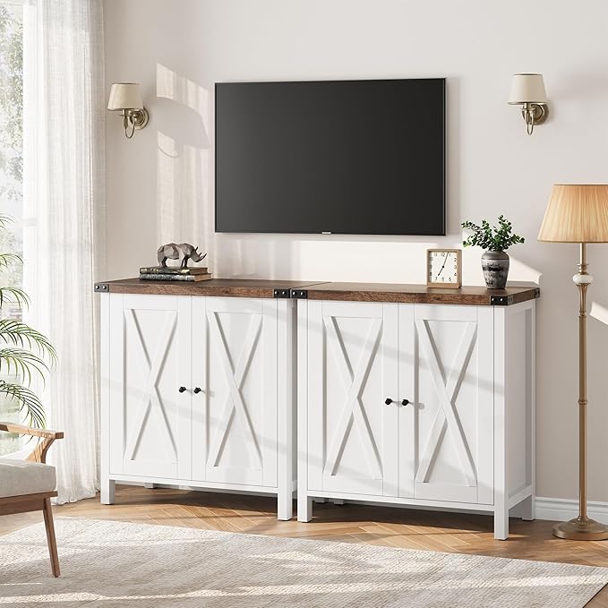 GarveeHome Small Storage Cabinet, Farmhouse Sideboard Buffet Cabinet with 2 Doors and Adjustable Shelves, Accent Entryway Console Cabinets for Living Room, Dining Room (White+Brown, 2 Pieces)