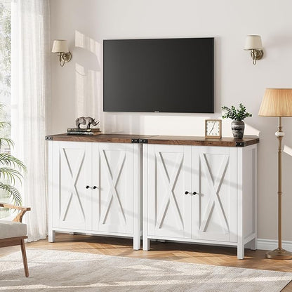GarveeHome Small Storage Cabinet, Farmhouse Sideboard Buffet Cabinet with 2 Doors and Adjustable Shelves, Accent Entryway Console Cabinets for Living Room, Dining Room (White+Brown, 2 Pieces)