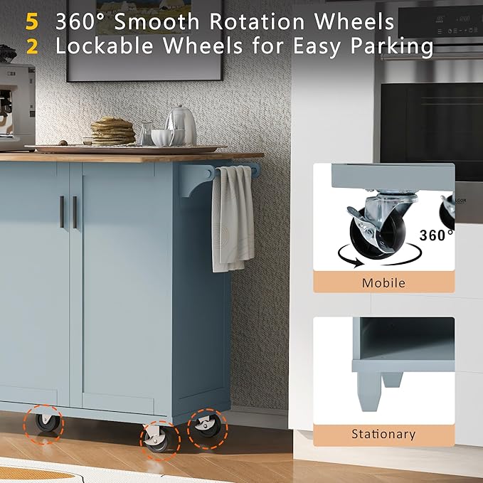 Rolling Kitchen Island Cart with Foldable Counter Top,Slide-Out Shelf and Lockable Wheels,Towel Rack and Drawer,for Kitchen Living Room Dining Room (Grey Blue@y)
