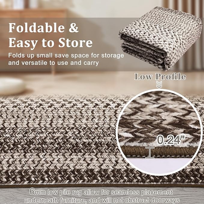 Imitation Braided Collection-Print 10x13 Area Rug for Living Room Large Washable Rug Non-Slip Non-Shedding Stain Resistant Thin Foldable Floor Cover Carpet for Bedroom Dining Room Classroom