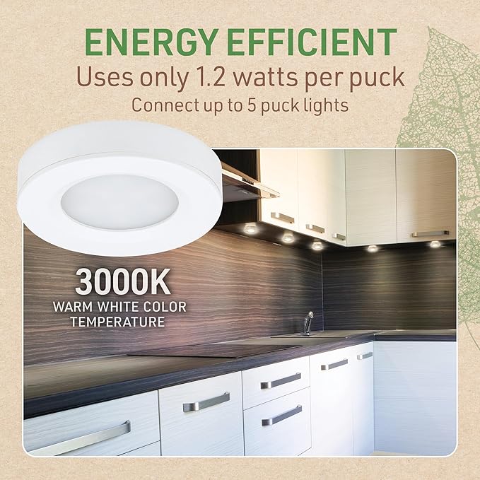 Under Cabinet LED Puck Lighting Kit with 3 Warm White 3000K LED Puck Lights, On/Off Switch & Plug in