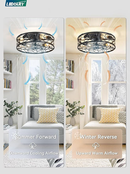 LEDIARY 20 Inch Caged Ceiling Fans with Lights, Black Flush Mount Ceiling Fan with Remote, Low Profile Bladeless Ceiling Fan Light Fixture for Bedroom, Kitchen, Dining Room