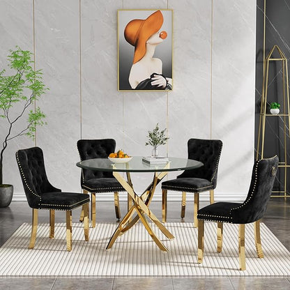 36" Glass Dining Table for 2-4, Modern Dining Room Table with 0.39" Tempered Glass Top and Cross X-Shaped Gold Stainless Steel Base, Round Kitchen Dinner Table for Dining Room