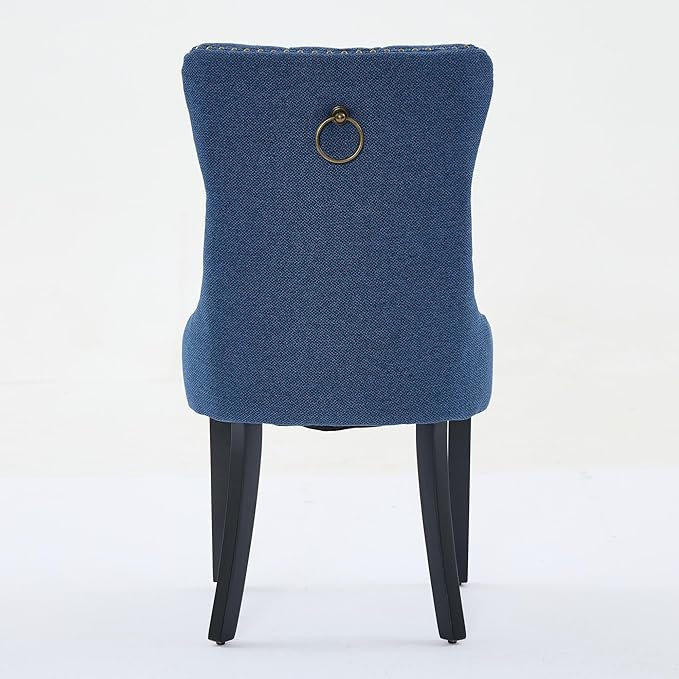 Ball & Cast Contemporary Upholstered Dining Chairs Set of 2, Flax Button Tufted Kitchen Side-Chairs with Hang Ring & Nailhead Trims & Wood Legs, 2-Piece Backrest Traditional Chair, Black+Blue