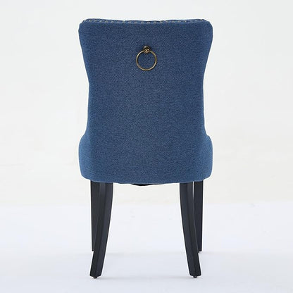 Ball & Cast Contemporary Upholstered Dining Chairs Set of 2, Flax Button Tufted Kitchen Side-Chairs with Hang Ring & Nailhead Trims & Wood Legs, 2-Piece Backrest Traditional Chair, Black+Blue