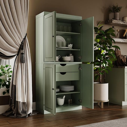 Palace Imports Solid Wood Kitchen Pantry Cabinet - 71.5" H x 32" W, Tall Storage Cupboard - Sage, Adjustable Shelves & 2-Drawer Kit for Living Space, 100% Renewable Eco-Friendly Wood, Made in Brazil