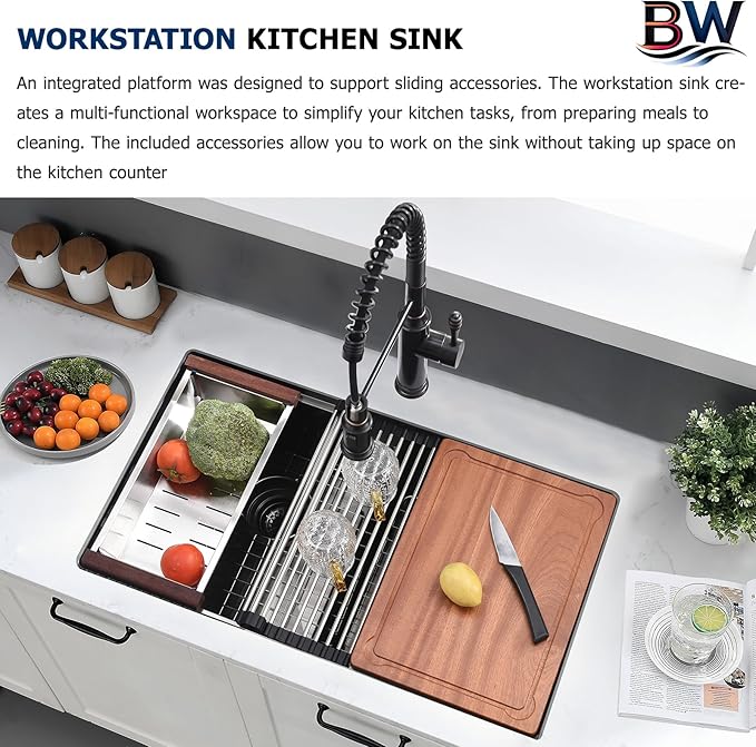33 Inch Black Double Bowl Kitchen Sink Undermount- 16 Gauge Stainless Steel Undermount Workstation Kitchen Sink Double Bowl 50/50, 33x19 Inch