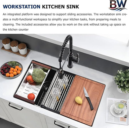 30 Inch Black Undermount Double Bowl Kitchen Sink - 16 Gauge Stainless Steel Undermount Workstation Kitchen Sink Double Bowl 50/50, 30x19 Inch