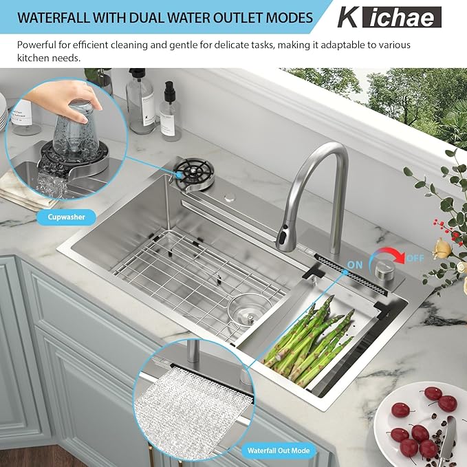Kichae 33x19 Drop In Kitchen Sink Waterfall - Workstation Kitchen Sink Waterfall Stainless Steel 16 Gauge Luxury Handmade Single Bowl Sinks with Faucet Combo & Glass Rinser