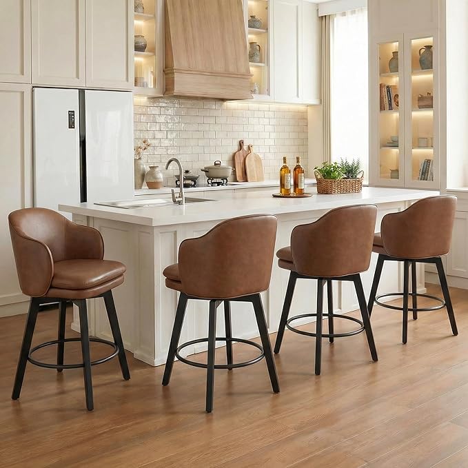 Counter Height Barstools 26 inch Upholstered Swivel Bar Stools with Back and Wood Legs for Kitchen Island,Set of 4,Brown PU Leather