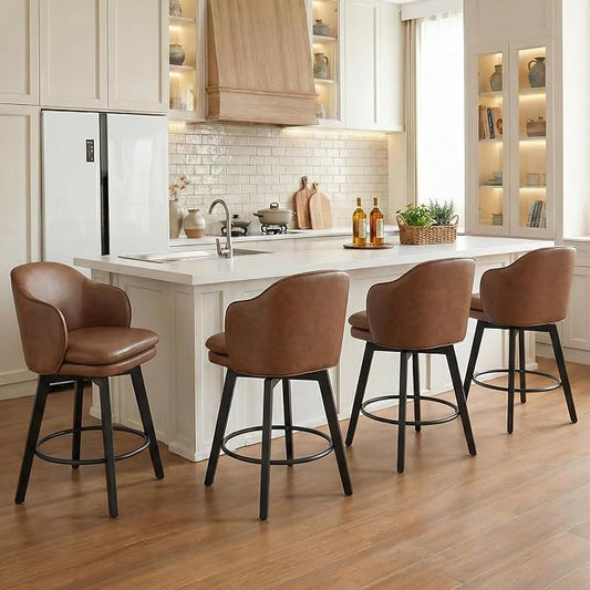 Counter Height Barstools 26 inch Upholstered Swivel Bar Stools with Back and Wood Legs for Kitchen Island,Set of 4,Brown PU Leather