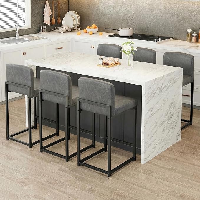 GarveeHome Bar Stools Set of 2, Modern Counter Height Bar Stools with Back and Footrest, Faux Leather Upholstered Barstools Chairs for Kitchen Island Dining Room Bar, Grey