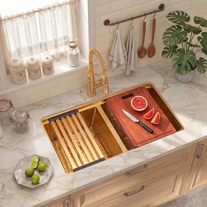 MILOSEN 30x18 Inch Gold Undermount Kitchen Sink, 50/50 Gold Double Bowl Workstation Sink with Integrated Ledge & Accessories,10''Large and Deep T304 Stainless Steel Handmade Sinks