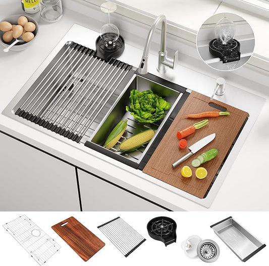 33x22 Inch Kitchen Sink Black Drop In Stainless Steel Kitchen Sinks 16 Gauge Single Bowl Workstation Luxury Top Mount Sink with 6 Accessories Include Glass Rinser (Brushed Nickel)