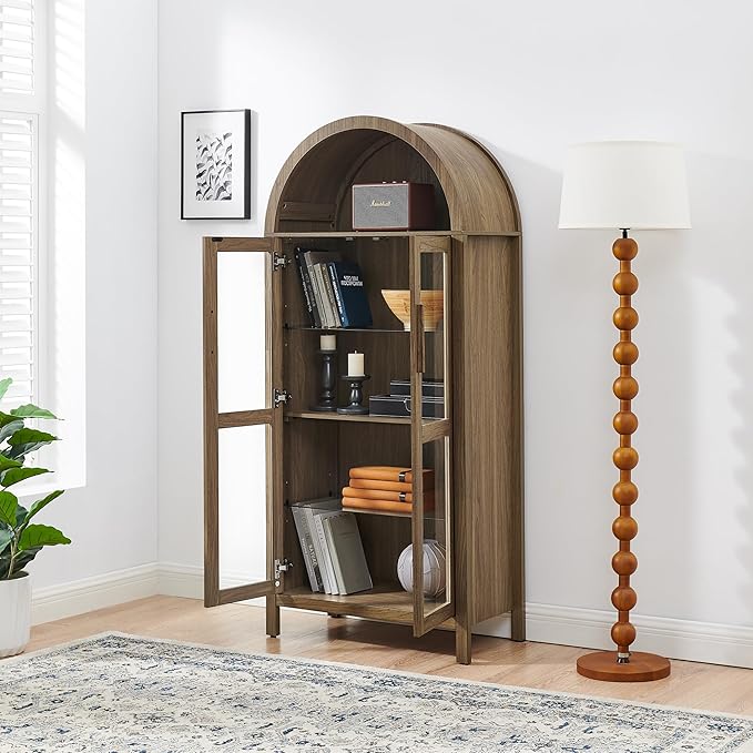 Ball & Cast 67" Tall Arched Kitchen Pantry Cabinet with Lamp, Modern Wooden Storage Cabinet with Glass Doors & Adjustable Shelves,Versatile Display Cabinet for Kitchen, Living Room,Dining Room,Brown