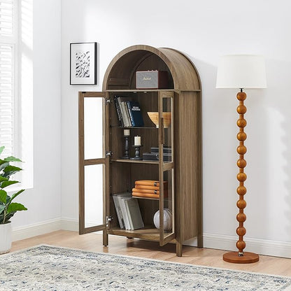 Ball & Cast 67" Tall Arched Kitchen Pantry Cabinet with Lamp, Modern Wooden Storage Cabinet with Glass Doors & Adjustable Shelves,Versatile Display Cabinet for Kitchen, Living Room,Dining Room,Brown