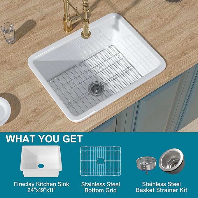 Undermount Kitchen Sink White 24 x 19 Inch,11" High Top Mount Small Fireclay Bar Sink Drop In Single Bowl, Dual Mount Heavy Duty Deep Basin, Pure White, for Kitchen,Island,Laundry