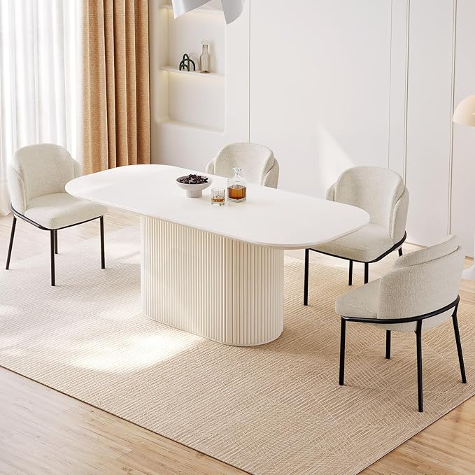 70" Oval Modern Dining Table Set for 4, Dining Room Table with 4 Chairs for Kitchen, Living Room, 5 Piece Kitchen Table 4 Seaters Dinner Table Set, Cream White