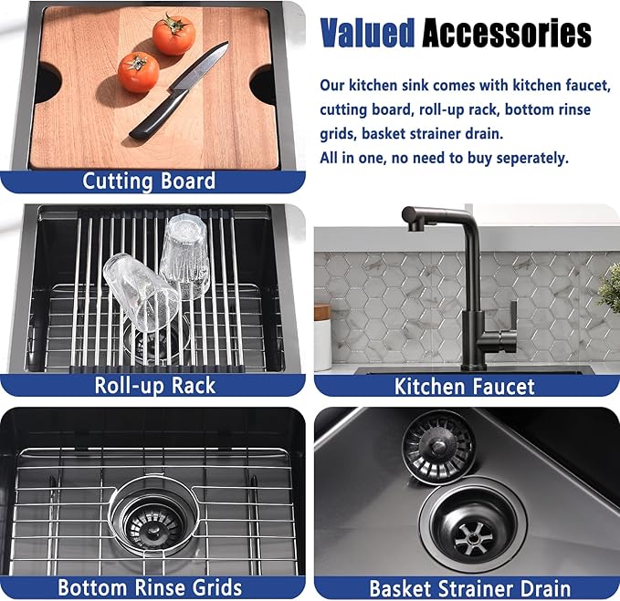 21x20 Drop In Black Bar Sink and Faucet Combo - 21 Inch Black Stainless Steel Drop In Kitchen Sink Workstation, 9 Inch Deep Wet Bar Sink Single Bowl with Accessories