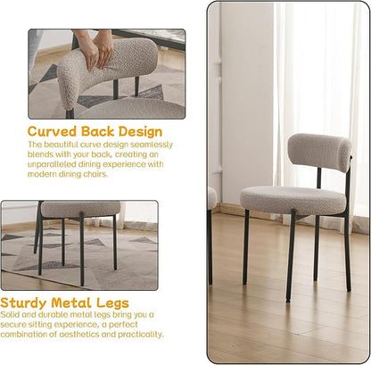 EDWELL Boucle Dining Chairs Set of 4, Modern Dining Room Chairs with Thick Cushions, Round Upholstered Kitchen Chairs with Black Metal Legs for Dining Room, Kitchen, Living Room, Grey