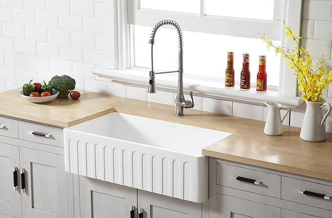 Kingston Brass Gourmetier GKFA361810CD Solid Surface White Stone Apron Front Farmhouse Single Bowl Kitchen Sink, Matte White