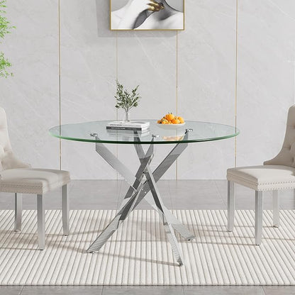 Silver Glass Dining Table for 6 Modern 47.3" Round Kitchen Dining Room Table for 4-6 with X-Shape Metal Base Large Clear Glass Top Dining Tables for Home Kitchen