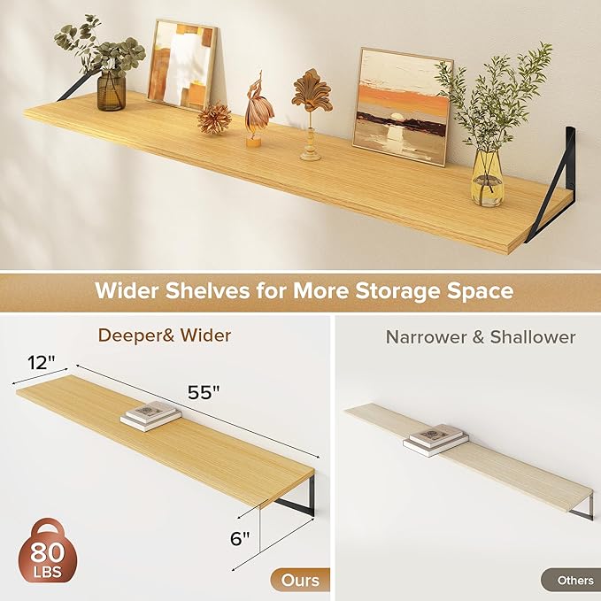 Acovy Deep Floating Shelves Wall Mounted, 55"x12" Oak Wall Shelves with Brackets Set of 2 for Bedroom, Living Room, Bathroom, Kitchen, Office - Storage & Display Shelf for Decor, Books, Plants