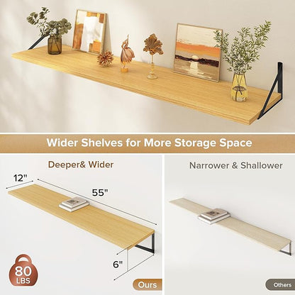 Acovy Deep Floating Shelves Wall Mounted, 55"x12" Oak Wall Shelves with Brackets Set of 2 for Bedroom, Living Room, Bathroom, Kitchen, Office - Storage & Display Shelf for Decor, Books, Plants