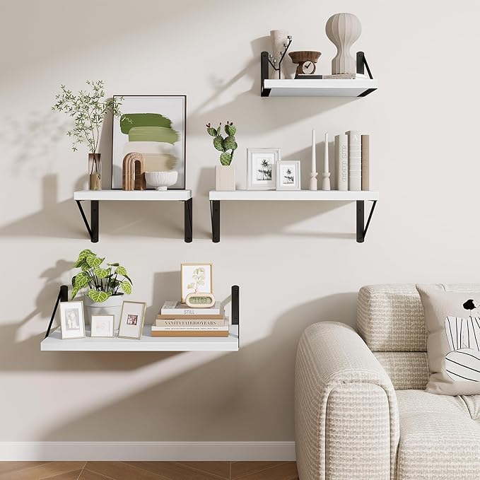 Deep Wall Shelves 48"W x 12"D Engineered Wood Floating Shelves for Wall, Sturdy Metal Bracket Bookshelves Home Decor Storage for Living Room Bedroom Bathroom Kitchen, Set of 2, White Finish