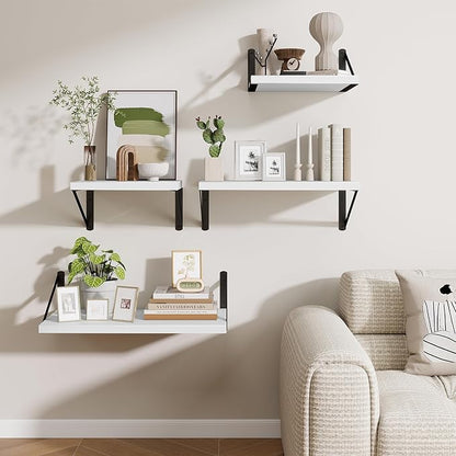 Deep Wall Shelves 24"W x 12"D Engineered Wood Floating Shelves for Wall, Sturdy Metal Bracket Bookshelves Home Decor Storage for Living Room Bedroom Bathroom Kitchen, Set of 2, White Finish