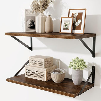 Acovy Deep Floating Shelves,24" Wx10 D Floating Shelf for Wall Set of 2,Hanging Storage Shelf with Metal Brackets,Wide Display Wall Shelves for Living Room,Bedroom,Bathroom,Kitchen,Walnut