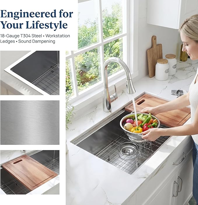Undermount Kitchen Sink Workstation - 33x22 Inch Drop In Sink Workstation T304 18 Gauge Stainless Steel Single Bowl Kitchen Sinks with Accessories, Handmade Basin, 9 Inch Deep