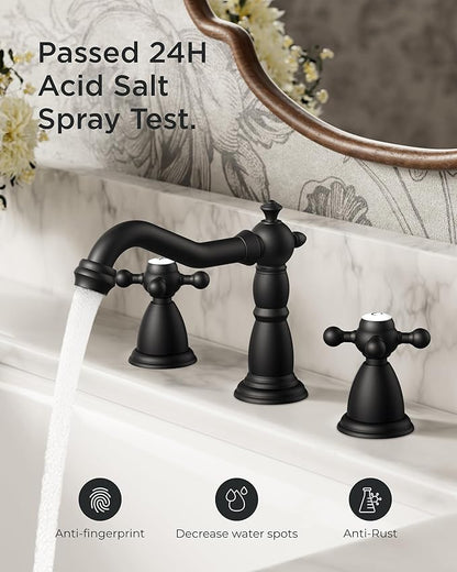 FORIOUS Matte Black 3 Hole Brass Vintage Farmhouse Bathroom Faucet, 8 Inch Widespread Bathroom Faucets 2 Cross Handles with Metal Pop Up Drain and Supply Hoses, for RV Vanity