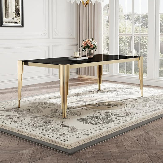 Rectangle Glass Dining Table, 81" Black Tempered Glass Desktop with Gold Mirrored Stainless Steel Legs, Modern Elegance for 8-10 People, for Kitchen, Living Room, Office