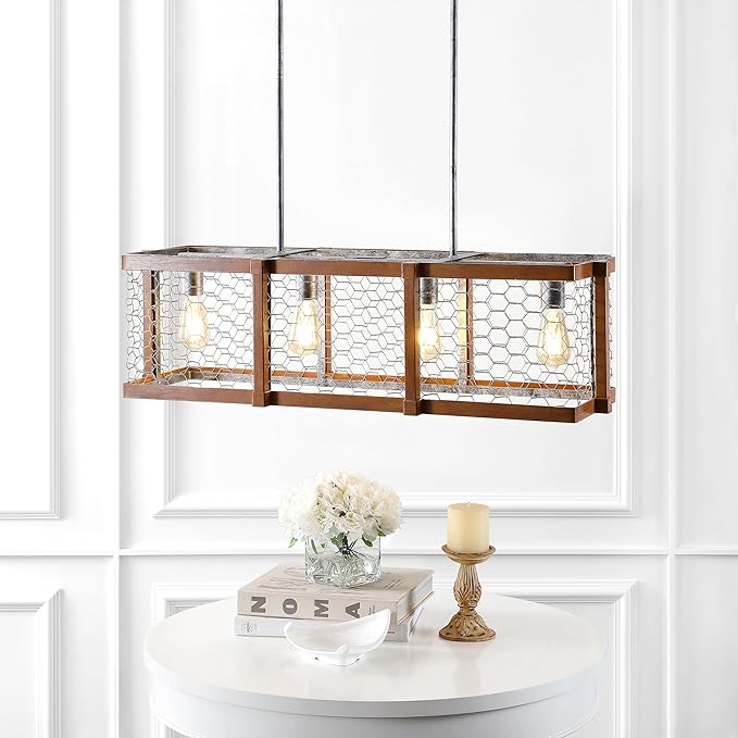 JONATHAN Y 34.5" Brown and Antiqued Silver 4-Light Iron Linear Pendant, Rustic Industrial Adjustable Kitchen Island Chandelier, Farmhouse Cage Light, LED Bulbs Included JYL7519A