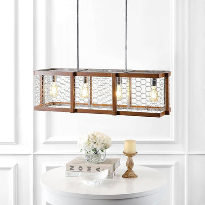 JONATHAN Y 34.5" Brown and Antiqued Silver 4-Light Iron Linear Pendant, Rustic Industrial Adjustable Kitchen Island Chandelier, Farmhouse Cage Light, LED Bulbs Included JYL7519A