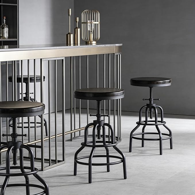 LOKKHAN Vintage Industrial Bar Stool - Rustic Swivel - Round Wood Metal - Kitchen Counter Height Adjustable - Pipe Stool - Cast Steel - 20-27 Inch (Set of 2)