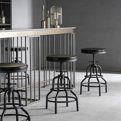 LOKKHAN Vintage Industrial Bar Stool - Rustic Swivel - Round Wood Metal - Kitchen Counter Height Adjustable - Pipe Stool - Cast Steel - 20-27 Inch (Set of 2)
