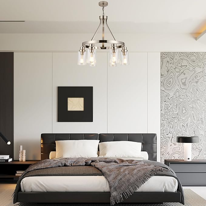 Brushed Nickel Chandeliers 6 Light Modern Dining Room Lighting Fixtures Hanging, Kitchen Island Linear Pendant Lights Farmhouse Flush Mount Ceiling Light with Glass Shade