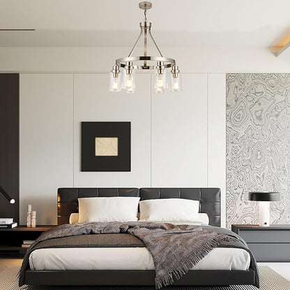 Brushed Nickel Chandeliers 6 Light Modern Dining Room Lighting Fixtures Hanging, Kitchen Island Linear Pendant Lights Farmhouse Flush Mount Ceiling Light with Glass Shade