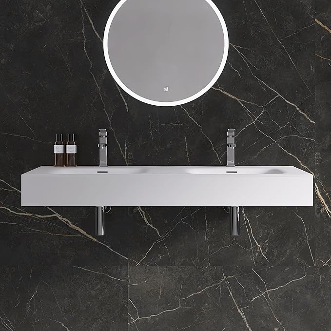 Wall Mount Double Bathroom Sink 47"L x 18"W x 5"H, Resin Stone Floating Sink with Facuet Holes, Rectangle Countertop Freestanding Vessel Sinks (Double Holes 47'')