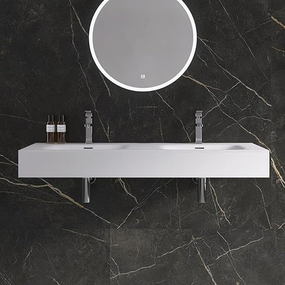 Wall Mount Double Bathroom Sink 47"L x 18"W x 5"H, Resin Stone Floating Sink with Facuet Holes, Rectangle Countertop Freestanding Vessel Sinks (Double Holes 47'')