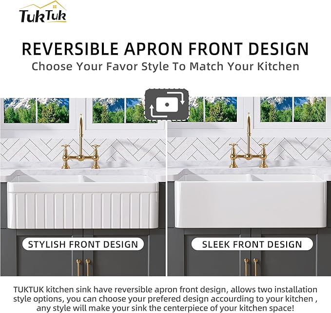 TUKTUK Farmhouse Sink 33 x 18 Inch 50/50 Fireclay Apron Front Farm House White Kitchen Sink Double Bowl Undermount Reversible Heavy Duty Porcelain Kitchen Basin with Modern Accessory Kit
