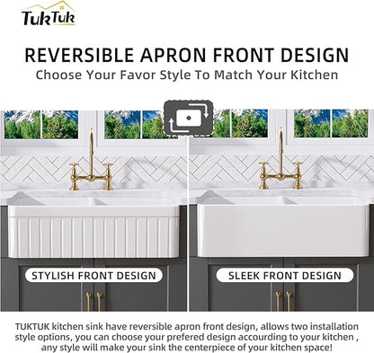 TUKTUK Farmhouse Sink 33 x 18 Inch 50/50 Fireclay Apron Front Farm House White Kitchen Sink Double Bowl Undermount Reversible Heavy Duty Porcelain Kitchen Basin with Modern Accessory Kit