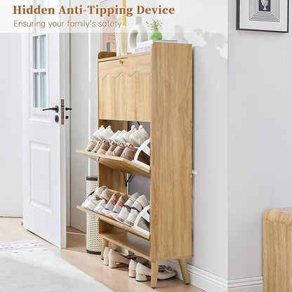 BERRYMERRY Shoe Storage Cabinet for Entryway with 3 Flip Drawers, 51.2” Tall Narrow Shoe Organizer with Wave Panel, Freestanding Wood Hidden Shoe Cabinet for Hallway