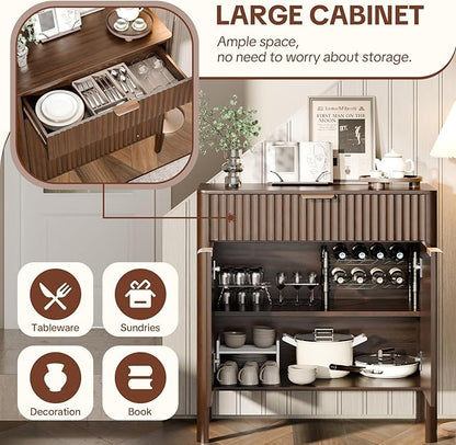 Fluted Buffet Cabinet with Storage - Modern Sideboard Accent Credenza with Doors & Drawer Wood Console Coffee Table Bar Counter for Living Room Kitchen Dining Room Entryway, Easy Assembly 31" Walnut
