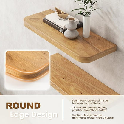 Reclaimed Elm Wood Floating Shelves for Wall Round Edge, 48"W x 9.2"D x 1.37"H, Set of 1 with Invisible Bracket, Wall Mounted Shelves for Living Room Bedroom Kitchen Bathroom Decor, Natural Finish